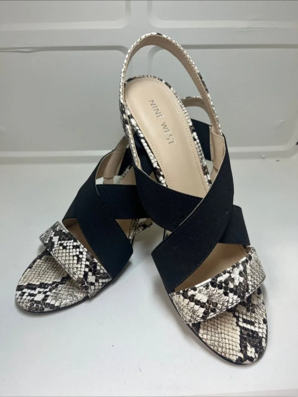 Nine West Black & Snake-Print Crossband Slingback Heels size 7.5  heel 3.5